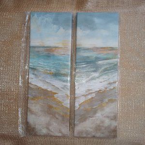 Wall Art Set of 2 Unframed CANVASES, SUNSET & OCEAN SHORE, WATERCOLOR TECHNIQUE